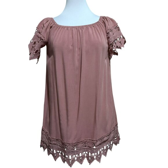 Iris Off Shoulder Mauve Cover-Up Dress Lace Sleeves Hem Cotton Shift Boho Sz S - Picture 6 of 8